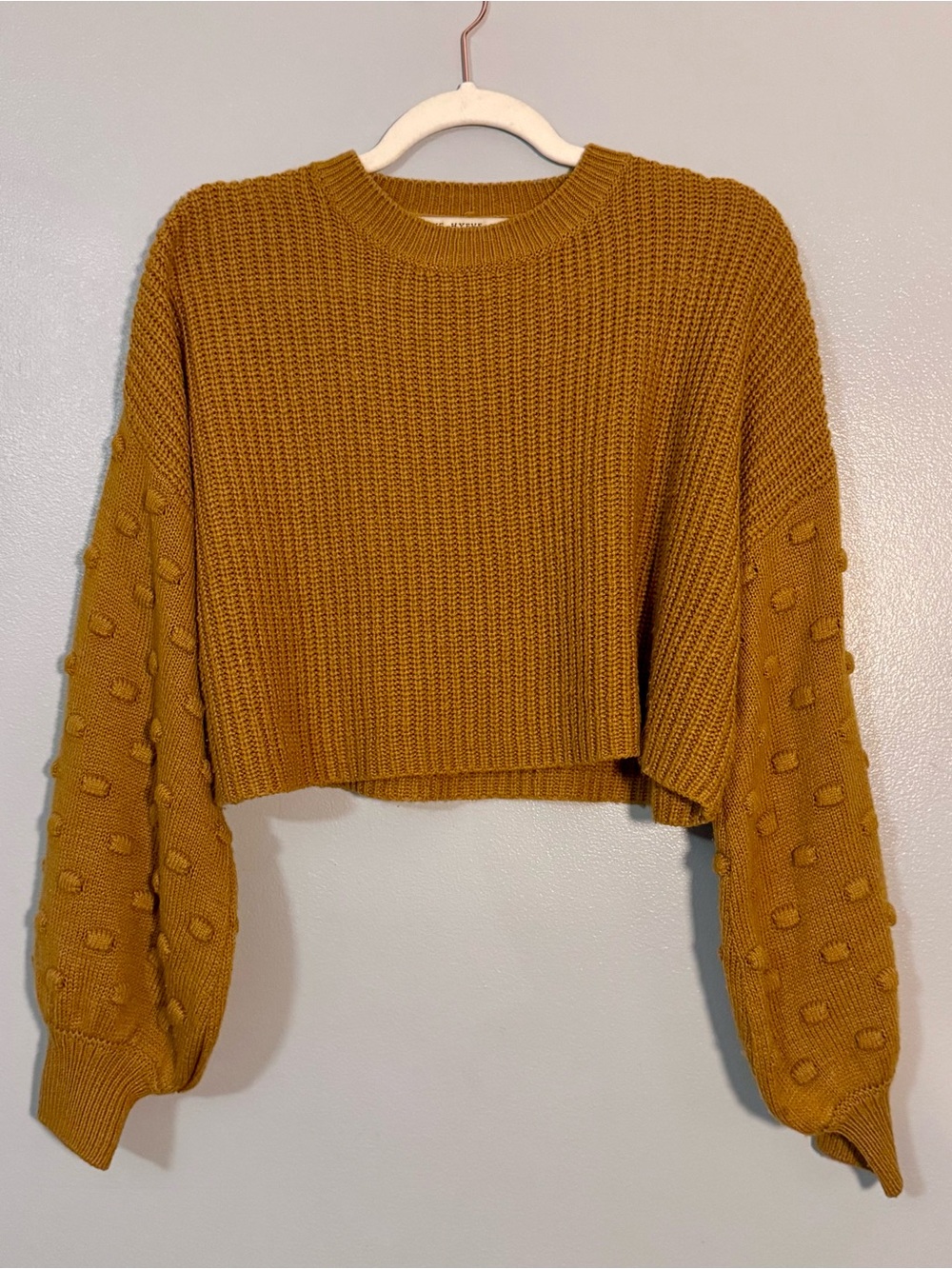 HYFVE Cropped Pom-Pom Sleeve Crewneck Sweater - Mustard